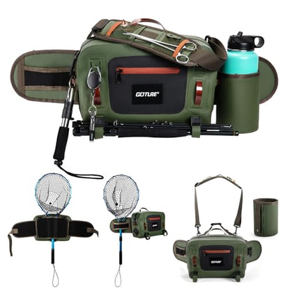 Goture Waterproof Fishing Waist Pack,IPX8 840D TPU Large Tackle Bag with Rod Holder,Airtight Zipper Closure,Detachable Water Bottle Holder, 10L Fly Fishing Bag with Adjustable Strap,Sling Fanny Pack - color: B1:10L Green Waterproof Tackle Bag