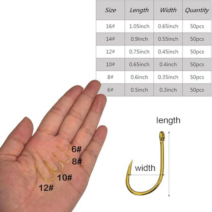 200pcs-300pcs Small Barbed Fishing Hooks Black High Carbon Fishing Hooks Set 6# 8# 10# 12# 14# 16# with Plastic Box - color: 200pcs gold