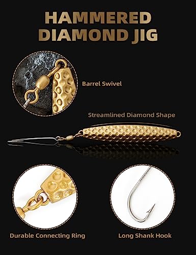 BLUEWING Hammered Diamond Jig Fishing Lures for Saltwater 3oz, 5oz, 8oz, 10oz, 12oz, 16oz Deep Sea Sinking with Stainless Steel Hook, 1pc - color: Gold, size: 8oz