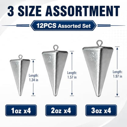 Fishing Weights Pyramid Sinkers Kit Bullet Fishing Weights Sinkers for Ocean Saltwater Surf Fishing Gear Tackle 1oz 2oz 3oz 4oz - color: 123oz-12pcs