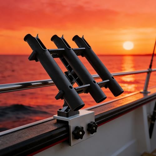 3 Pole Fishing Rod Holder with Aluminum 90° Boat Track Bracket Base 360° Rotating, Deck/Side Mount Rod Holder for Versatrack System/Ranger Track System