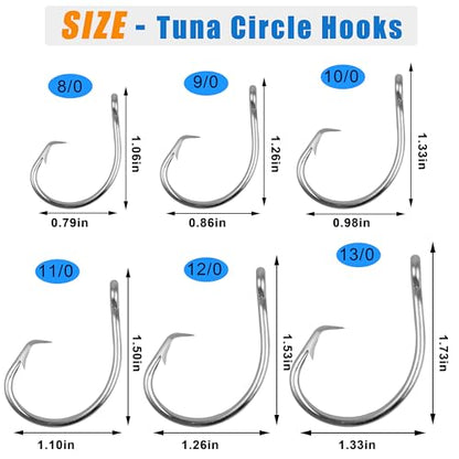Saltwater Tuna Giant Circle Hooks 8/0-28/0 Stainless Steel Fishing Hooks Big Game Fishing Hooks in-line Circle Hooks for Swordfish Tuna Shark - size: 9/0, 20pack
