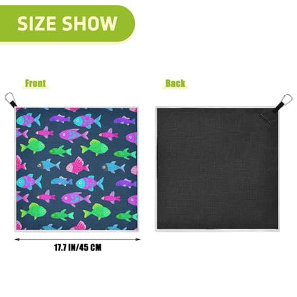 Fish 2 Pack Waffle Pattern Golf Towels, 17.7"x17.7" Square Golf Towel with Carabiner Clip and Magnetic Snap for Cleaning Golf Ball, Club