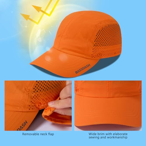 BASSDASH UPF 50+ Foldable Fishing Hat Baseball Cap with Removable Neck Flap Portable for Men Women Golf Hiking - color: Orange With Unfoldable Brim