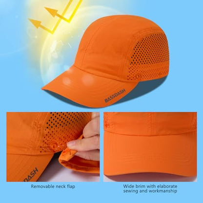 BASSDASH UPF 50+ Foldable Fishing Hat Baseball Cap with Removable Neck Flap Portable for Men Women Golf Hiking - color: Orange With Unfoldable Brim