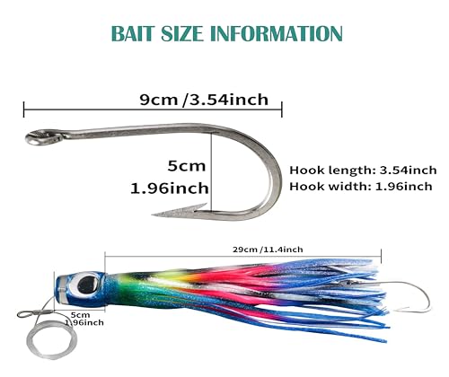13.4Inch Fishing Trolling Lures Saltwater Trolling Skirted Lures Offshore Big Game Artificial Fishbait for Tuna Marlin Deep Sea Octopus Squid Skirts Rigged Hooks - color: colourC kit