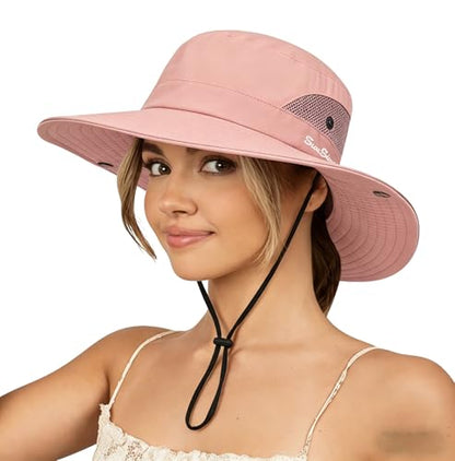 Sun Hat for Women Summer UV Protection Beach Hat Wide Brim Mesh Bucket Fishing Hat with Ponytail Hole Foldable Packable Hat - color: Pure Pink(with Ponytail Hole)