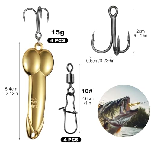 Realure 4Pcs Zinc Alloy Spoon Lures with Treble Hooks & Rolling Swivels,4 Weights 5g 10g 15g 20g Gold Silver Metal Spoon Fishing Tackle for Freshwater Lake Inshore Saltwater Bass Walleye Pike Trout - size: 15g 4Pcs