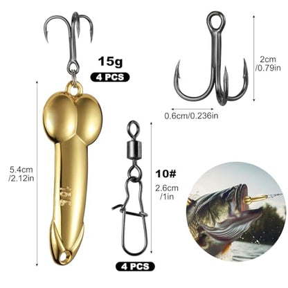 Realure 4Pcs Zinc Alloy Spoon Lures with Treble Hooks & Rolling Swivels,4 Weights 5g 10g 15g 20g Gold Silver Metal Spoon Fishing Tackle for Freshwater Lake Inshore Saltwater Bass Walleye Pike Trout - size: 15g 4Pcs