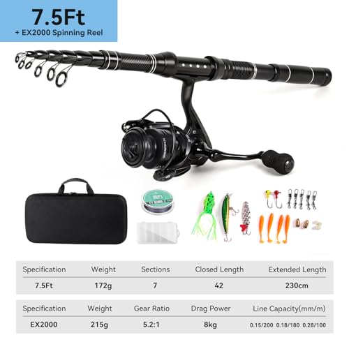 Telescopic Fishing Rod and Reel Combo, Carbon Fiber Collapsible Travel Fishing Pole Kit with Carrier Case & Lures, Anti-Jam Gear for Adults Men Beginners, Freshwater, Saltwater - size: 7.5 ft