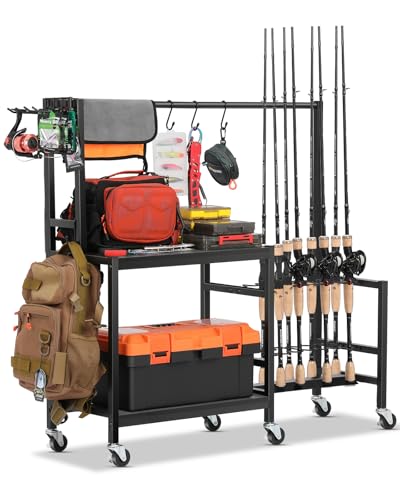 EXTCCT Fishing Rod Holders for Garage, Fishing Pole Rack Holds Up to 16 Rods with Hooks, Heavy Duty Rolling Fishing Cart with Wheels, Fishing Equipment Storage for Man's Gift (Black) - color: Black