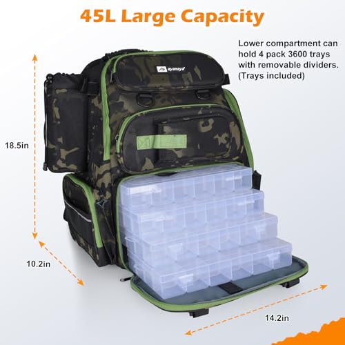 AYAMAYA 45L Fishing Backpack with 4 Tackle Boxes, Large Tackle Backpack with Rod Holders, Rubber Feet, Outdoor Multifunctional Fishing Bag Gear & Equipment for Camping, Hiking - color: Camo, 4 Tackle Boxes