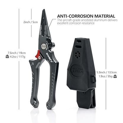 SAMSFX Aluminum Fishing Pliers Hook Remover Braid Line Cutter with Coiled Lanyard, Fly Fishing Knot Tying Tool & Retractors - color: Gray Handle, Split Ring Nose