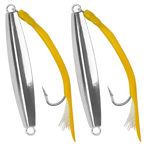 Diamond Jigs Saltwater Fishing Lures, 2Pack Casting Jigging Spoon with Tube Tail Striped Bass Metal Jig Spoons Deep Sea Offshore Surf Fishing 1oz-4oz - size: 5 Ounce, style: Yellow Tube, 2pack