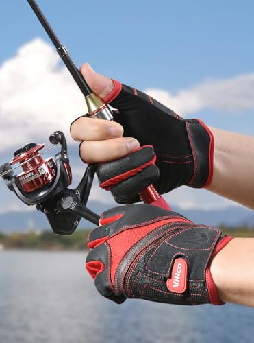 SUJAYU Fishing Gloves Men Women, Anti-Slip Suede Fabric Kayak Gloves, 3-Cut Fingers Fly Fishing Accessories - color: Black+Red, size: Small-Medium