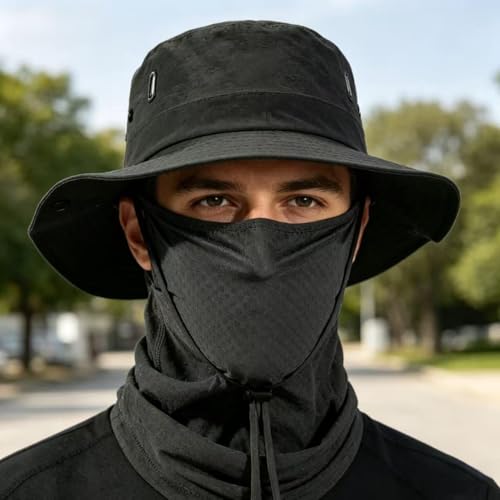 Fishing Hat with Summer Breathable Neck Gaiter, Wide Brim Sun Hat for Men & Women, Outdoor UV Sun Protection Hat & Face Mask - color: Black