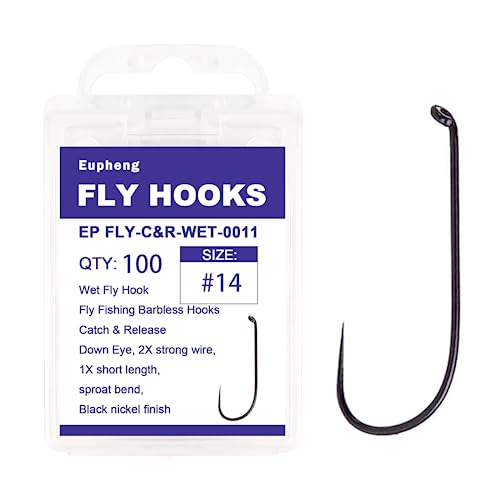 Eupheng Fly Fishing Hooks 100pc Pack Barbless Catch & Release Dry Wet Nymph Shrimp&Pupa, Streamer, Caddis, Jig, Scud Flies Fishing Hooks - color: EP Fly-C&R-WET-0011, size: #14