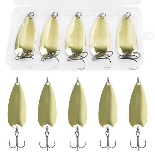 Fishing Spoons Metal Fishing Lures Kit, 5pcs Gold Metal Jigging Trout Lures Casting Trolling Spoon with with Treble Hooks for Trout Bass Pike Walleye Crappie Bass Salmon - size: 3/8oz