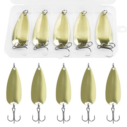 Fishing Spoons Metal Fishing Lures Kit, 5pcs Gold Metal Jigging Trout Lures Casting Trolling Spoon with with Treble Hooks for Trout Bass Pike Walleye Crappie Bass Salmon - size: 1/2oz