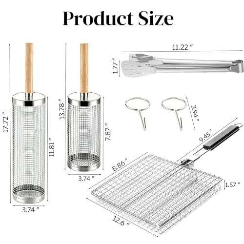 Grill Basket Set Stainless Steel, Rolling BBQ Tools with Removable Wooden Handle, Smoker Grilling Accessories for Fish, Grill Baskets for Outdoor Grill