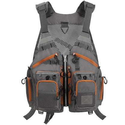 Gonex Fly Fishing Vest for Men Women, Comfortable Adjustable Fishing Vest with Multi-Pockets Reflective Stripes - color: Gray+brown