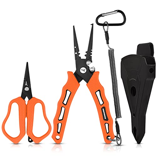KastKing Cutthroat 7.5-inch Braid Scissors and Pliers Set - Saltwater Resistant Fishing Gear, Line Cutter, Hook Remover, Fishing Tool Set, Gift for Men - style: A: Split Ring Plier and Scissor - Orange