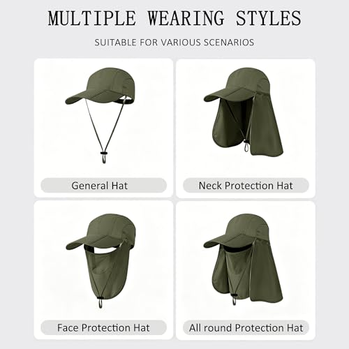 2Pack Men’s Foldable Sun Hat with Removable Face Mask & Neck Flap, UPF 50+ UV Protection, Quick-Drying Outdoor Fishing Cap - color: Light Grey+army Green