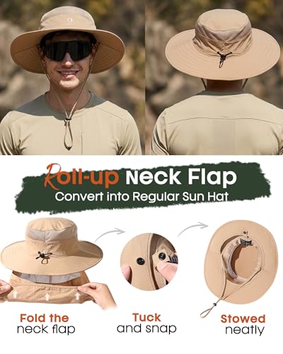 FURTALK Sun Hats for Men Women Fishing Hat with Neck Flap UPF 80+ Breathable Wide Brim Hiking Safari Summer Bucket Hats - color: Khaki