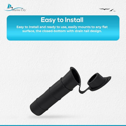 MARINE CITY Black Liner Injection Molded PVC Rod Holder with Cover, Water-Resistant, Durable, Easy to Install, for Yachts, Boats, Kayaks & More