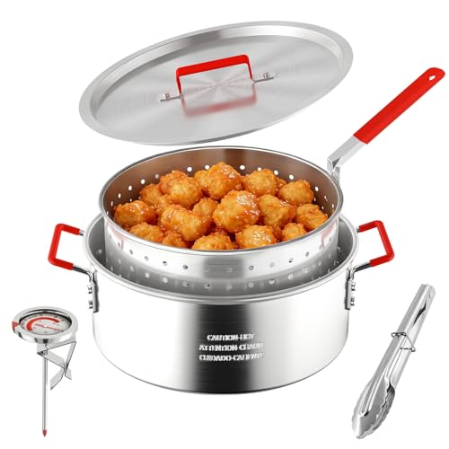10QT Fish Fryer Pot with Basket, Lid & Tongs, Alumuinum Frying Pot | Deep Fryer Pot with Thermometer, For Fish, Chicken Wings & French Fries, Open Flame Only
