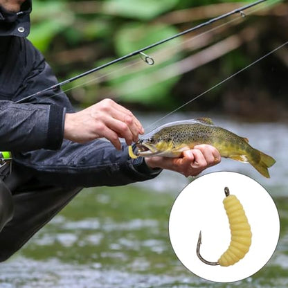 Rubber Maggots Fishing Bait, 20 Pcs Fishing Baits with Hooks + 30 Pcs Soft Maggot Bait Bread Worm, Fish Lures Worms Bulk FishGrubs for Trout, Crappie, Pan Fish, Bluegill, 50 Pack