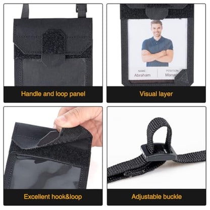IDOGEAR Tactical ID Card Holder Visual Surface EDC Pouch with Zipper Pocket Badge Holders Credit Card Organizer Holster Neck Lanyard Hanging Hook and Loop Closure Pouches - color: Black