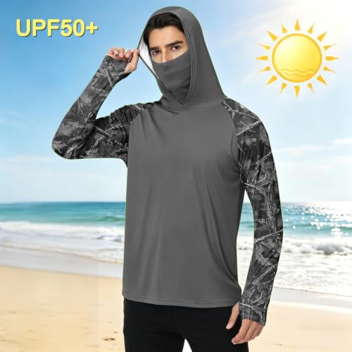 Men's UPF 50+ UV Protection Fishing Shirt with Face Mask Long Sleeve Quick Dry Breathable Sun Hoodie for Beach - color: A Black, size: Small