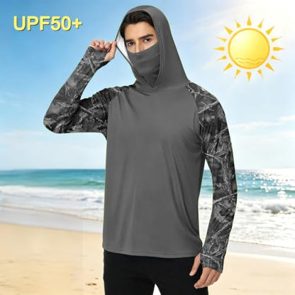 Men's UPF 50+ UV Protection Fishing Shirt with Face Mask Long Sleeve Quick Dry Breathable Sun Hoodie for Beach - color: A Black, size: Small