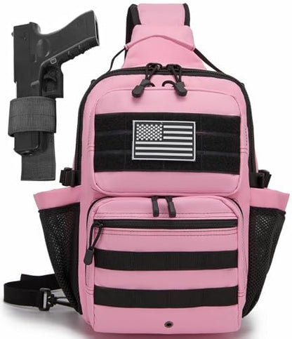 Tactical Sling Backpack Holster Range Shoulder Bag 15L Crossbody Bag Water Bottle Holder Radio Pouch 6 Elastic Slots - color: Pink