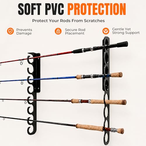 Ahomiwow Ceiling Fishing Rod Holder Pole Vertically Horizontally Rack Overhead Storage Hooks Hanger Keeper Metal Organizer Display Wall Mounted Stores Holds up to 16 Rods Racks for Garage Basement
