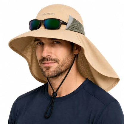 Palmyth Fishing Hat Wide Brim Sun Hat with Neck Flap & Sunglasses Storage | Sun Protection, Adjustable Fit, Breathable Mesh & Sweatband, Foldable, For Men & Women - color: Khaki