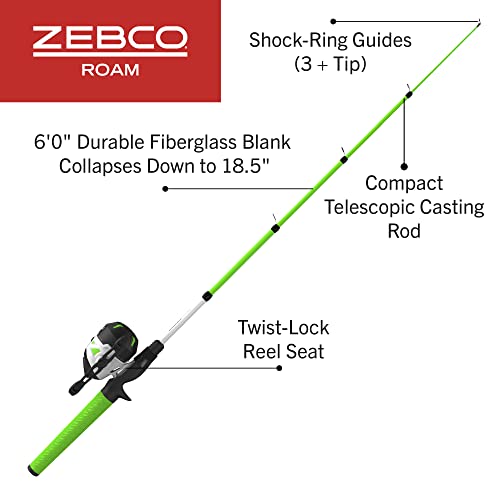 Zebco Roam Telescopic Fishing Rod and Spinning or Spincast Fishing Reel Combo, Durable 6-Foot Fiberglass Rod with ComfortGrip Handle, Pre-spooled with Zebco Cajun Fishing Line - style: Spincast Reel - Green