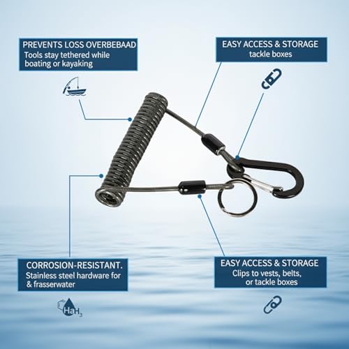 Retractable Fishing Tool Lanyard - Stainless Steel Tether for Pliers & Scissors, Anti-Loss Gear Clip for Boats, Kayaks (1 Pack) - size: 47.24 x 3.15 x 1.57"