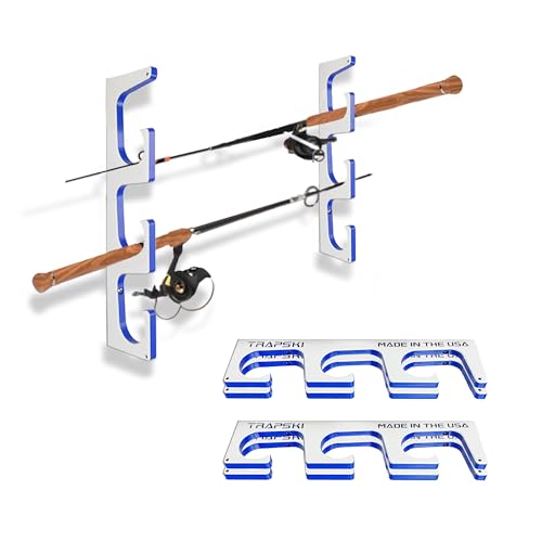TRAPSKI Made in the USA Premium Fishing Rod/Pole Holder Rack Organizer | Wall or Boat Mounting Fishing Rod Rack | Marine Grade HDPE Plastic | Pole Holder for up to 6 Rods | Stackable - 2 Pack - color: H3 White/Blue