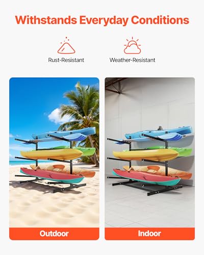 VEVOR Kayak Storage Rack, Heavy Duty Adjustable Freestanding Stand with Lockable Wheels for Indoor Outdoor Garage Shed Dock, Holder for Canoe, SUP, Surfboard & Paddleboard - style: Stand-6 Kayaks-black