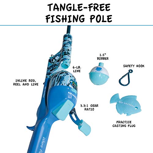 Kid Casters Tangle-Free Fishing Combo | Spincast Reel & Practice Casting Plug with Bobber | 34" Tangle-Free Combo | Pre-spooled 6-lb Line | Blue | Spincast Reel, Practice Casting Plug with Bobber, 34" Tangle-Free Combo, Pre-spooled 6-lb Line