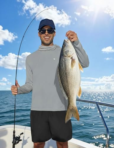PINSPARK UPF 50+ Sun Protection Hoodie Men with Mask Quick Dry Long Sleeve Fishing Hiking Shirts UV Rash Guard Lightweight - color: Light Grey, size: Small