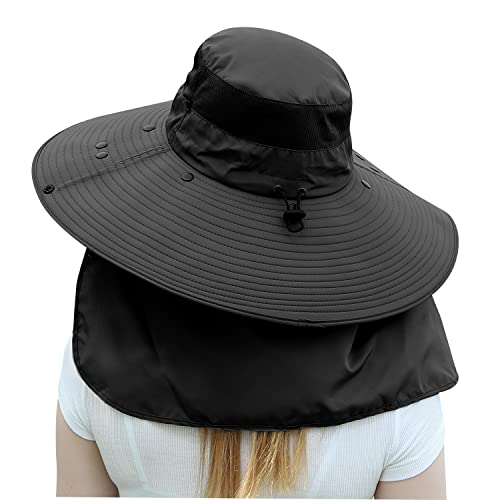 Women Wide Brim Face Mask Sun Hat Detachable Neck Face Flap Ponytail UV Protection Visor Hat Garden Fishing Hiking - color: Hyp008-black