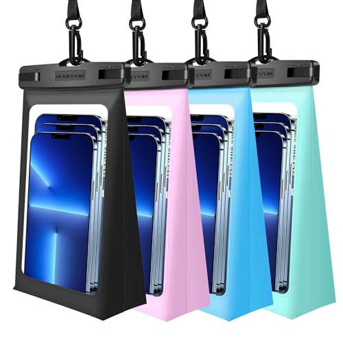 4 Pack Floating Waterproof Phone Pouch - Universal Large Floatable Water Proof Dry Bag Case - Float Clear Cell Holder with Lanyard - for iPhone 17 Pro Max Samsung Galaxy - Beach Swimming Pool - color: Green+Pink+Black+Blue