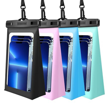 4 Pack Floating Waterproof Phone Pouch - Universal Large Floatable Water Proof Dry Bag Case - Float Clear Cell Holder with Lanyard - for iPhone 17 Pro Max Samsung Galaxy - Beach Swimming Pool - color: Green+Pink+Black+Blue