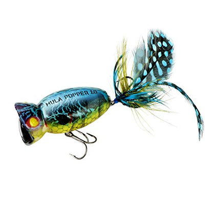 Arbogast Hula Popper 2.0 Topwater Fishing Lure with Feathered Treble Hook and Crackle Pattern Body - color: Blue Kill