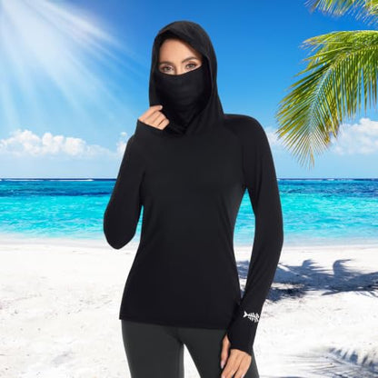 BASSDASH Women’s UPF 50+ Hoodie Shirt with Breathable Face Mask - color: Black, size: Medium