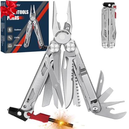BIBURY Multitool Pliers BI2038B, 22-in-1 Stainless Steel Multi Tool with Flint, Window Breaker, Scissors, Back Clip, Folding Pocket Multifunctional Self-locking EDC Tool for Survival Camping Hiking - size: 22-IN-1