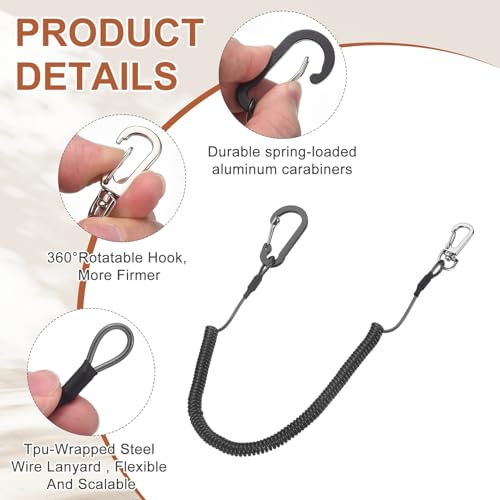 PATIKIL Fishing Lanyard, (59.06" Length, Black) (3Pcs), Retractable Coiled Tether Anti-Lost Rope Coiled with Carabiners and 360° Safety Buckle, Suit for - Fishing/Hunting/Hiking/Boating - color: Black, size: 59.06"